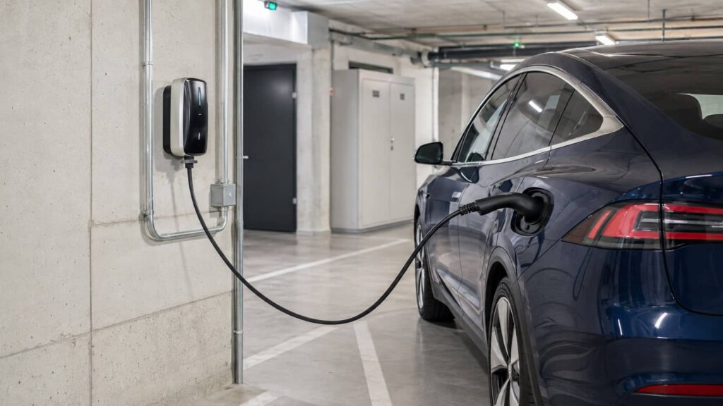Borne de recharge individuelle installée dans le parking souterrain d’une copropriété
