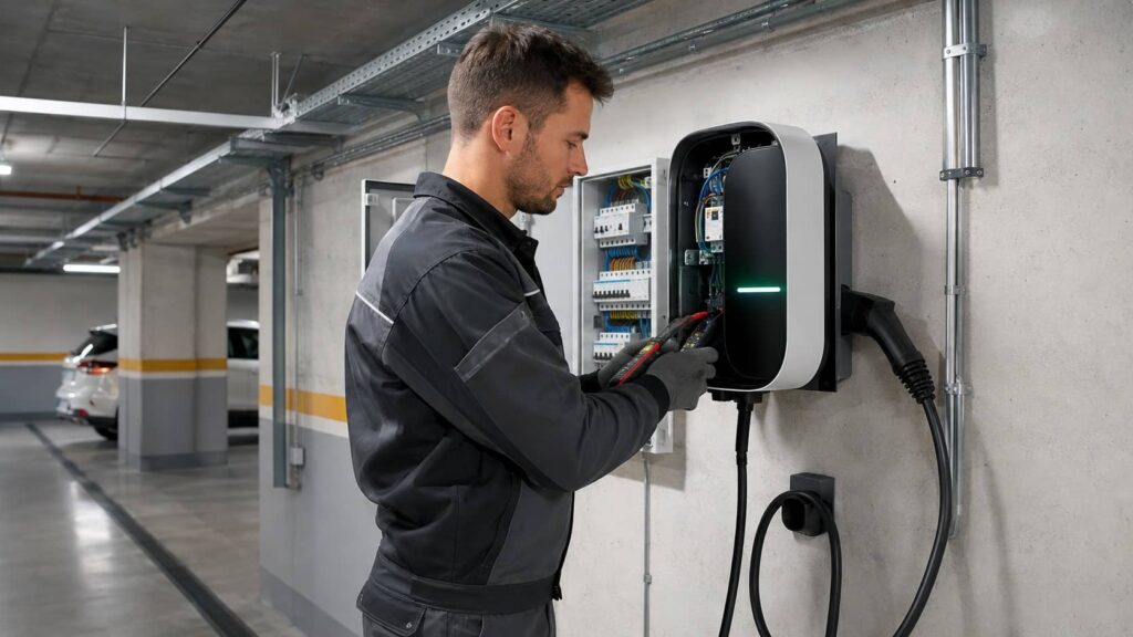 Installateur IRVE contrôlant une borne de recharge dans le parking d’un immeuble collectif
