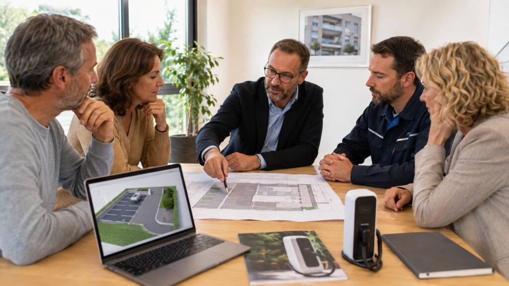 Réunion entre copropriétaires, syndic et électricien pour un projet de borne de recharge en immeuble collectif